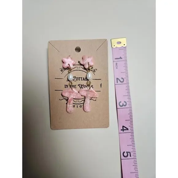 Handmade Polymer Clay Pink Mushroom and Flower Dangle Earrings with Pearl Accent - Picture 2 of 2